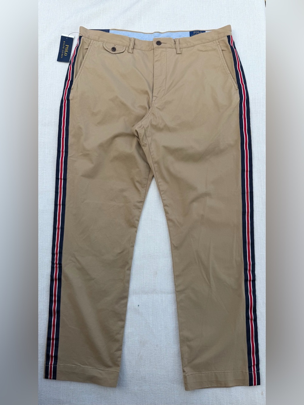 Polo by Ralph Lauren Tan Chinos with Navy & Red Side Stripes